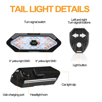 LED Bike Turn Signal Rear USB Rechargeable Wireless Tail Light