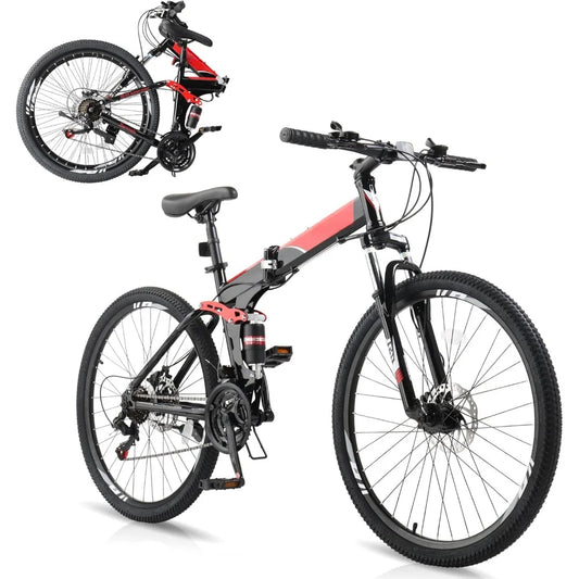 Folding Mountain Bike 21 Speed 26 Inch Dual Kill Disc Brake System, Padded Shock Forks